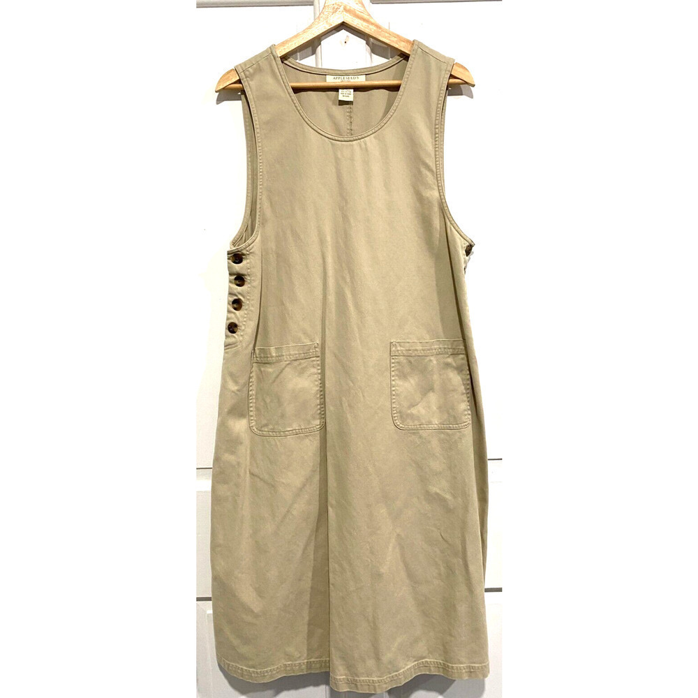 Appleseed - sleeveless khaki jumper dress side buttons, pockets women's size PM